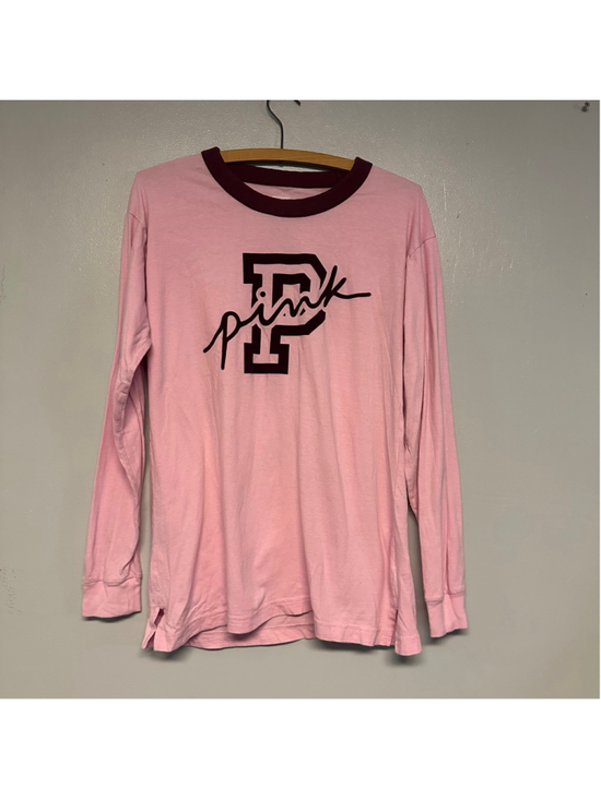 PINK Victoria's Secret Tops - PINK Victoria's Secret Long Sleeve Tee XS Pink Burgundy Velvet Logo 100% Cotton